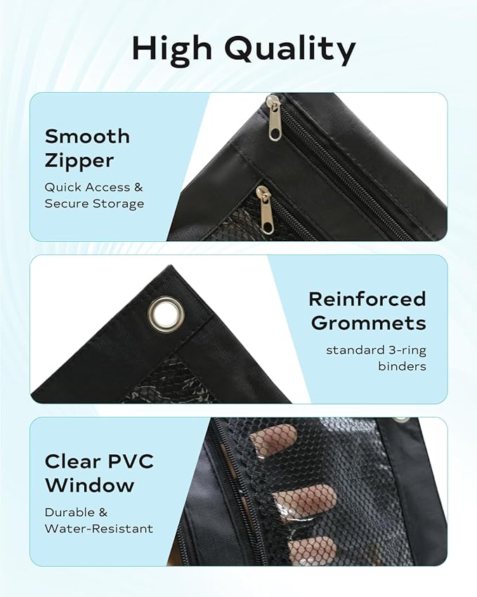 Pencil Pouch for 3 Ring Binder - Small Zipper Pen Case, Black Pencil Pouches for Boys Kids, School Supplies, 3 Hole Nylon Pencil Bag Accessories Clear Window Aesthetic Organizer