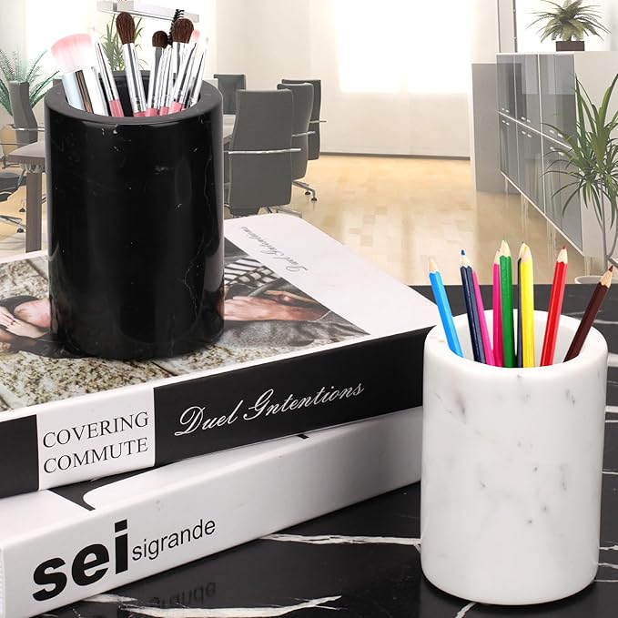 WORHE Natural Marble Pen Holder, Stylish Stone Caddy for Desk, Multi-Purpose Makeup Brush and Office Supply Storage Organizer, Desks Accessory Toothbrush Cup for Home School Black (DL003)