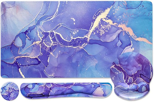 4-in-1 Gaming Mouse Pad Wrist Support Set，Desk Pad + Mouse Pad with Wrist Rest + Keyboard Wrist Rest + Coaster, Ergonomic Design for Home Office Study Game - Purple Marble