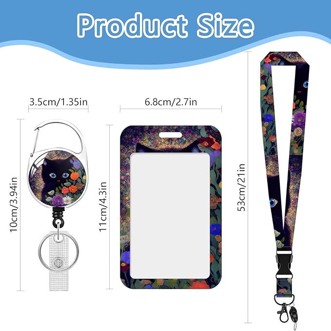 Black cat Badge Holder Reel Lanyard,Flower ID Card Badge Holder Retractable Name Tag Clips for Doctor Nurse Teacher Office Student