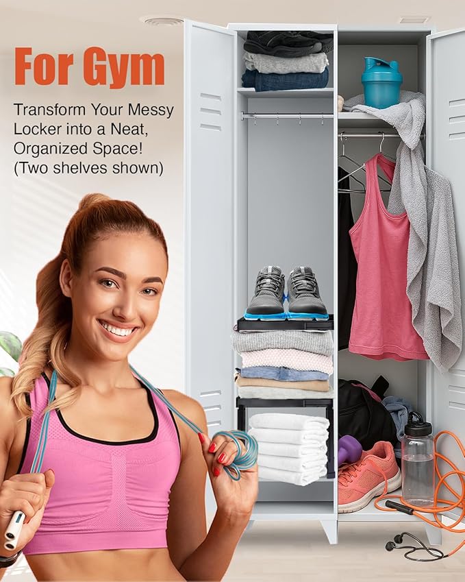 Locker Organizer Shelf， Adjustable Width and Height, Stackable, Ideal Locker Shelf for School, Office, Gym Lockers, or Even Kitchen Cabinets & Under Sink Organization (Black 1 Pack)