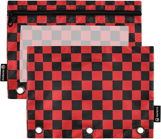 ALAZA Pencil Pouch for 3 Ring Binder, Red Black Checkered Plaid Binder Pencil Pouches with Clear Window Zipper Pencil Case Cosmetic Bags for Office College Supplies, 2PCS