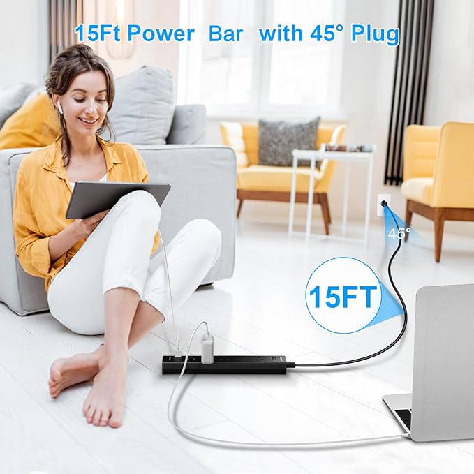 Surge Protector Power Strip 15 ft Cord-5 Widely Spaced Outlets 3 USB Ports(1 USB C Port),Power Strip Long Cord(1250W/10A),Power Strips with Surge Protection, Wall Mount for Home Office,Black(2 Pack)