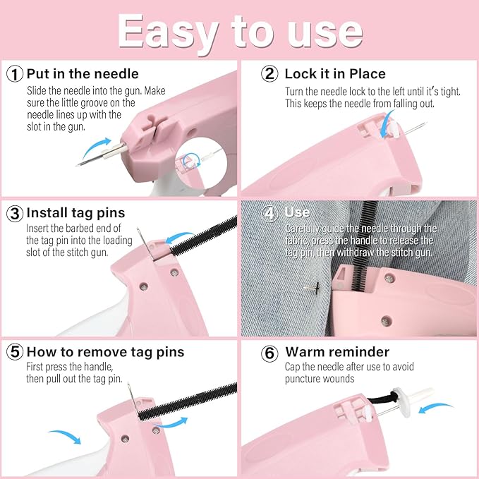 Stitch Gun for Clothes Quick Clothing Fixer & Tagging Gun with 6 Needles & 1000 Black+1000 White Fasteners, Handheld Sewing Tool for Instant Repairs, Quilting, Retail Price Tags No Thread Needed Pink