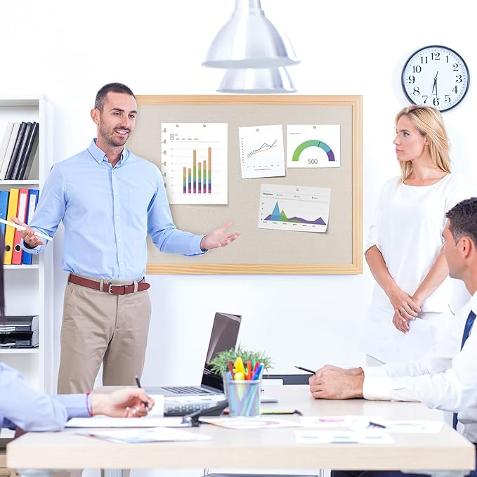 Bulletin Board Cork Board with Linen, 100% Wood Framed 24" x 36" Bulletin Board Decorations, Pin Boards for Walls, Wall Mounted Fabric Picture Board with 10 Pushpins for School, Home & Office, Natural