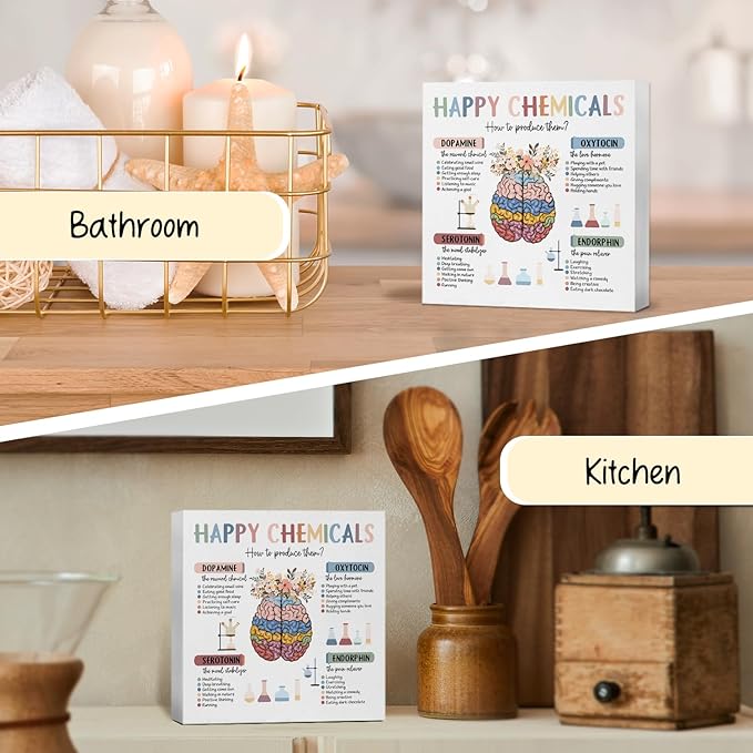 Mental Health Gifts Office Decor, Happy Chemicals Motivational Desk Sign, Counseling Office Must Haves, Positive Affirmations Decorative Accessories Inspirational Tabletop Decor, 5x5 Inch