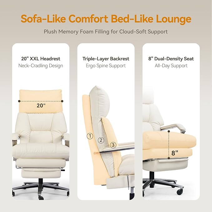 Reclining Office Chair with Footrest - 25.6" Wide Seat & Adjustable Seat Depth, Big and Tall High Back Leather Executive Home Office Desk Chair 400lbs, Cream