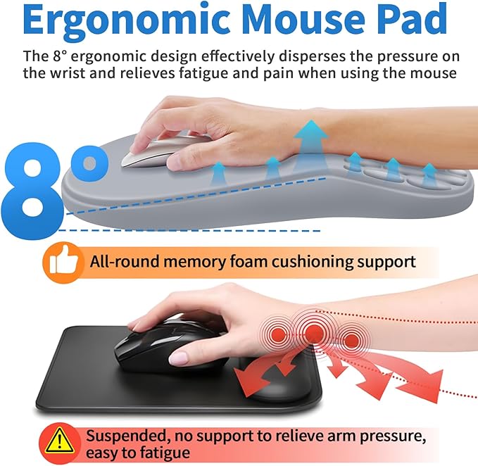 YIWEI Ergonomic Mouse Pad with Wrist Rest Support, Mousepad with Comfortable Memory Foam Wrist Rest and Non-Slip PU Base for Pain Relief, Computer, Laptop, Office, Home (Light Gray)
