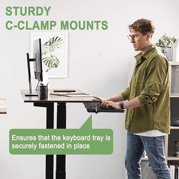 Keyboard Tray Under Desk Slide Out with Drawer, 27"x 11.8" Large Size, Pull Out Desktop Extender Holder with Sturdy C-Clamp Mount for Home Office, Black