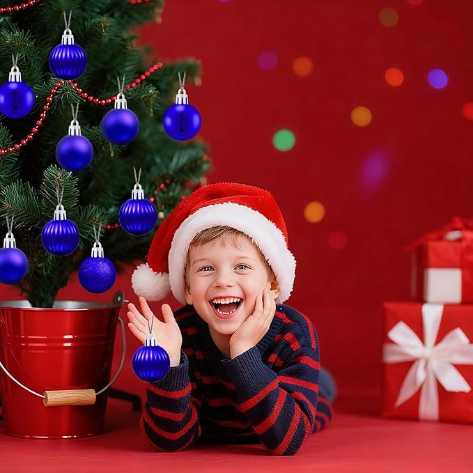 Set of 24 Small Blue Christmas Ornaments Balls for Christmas Tree, 1.2 inch Mini Blue Ornaments for Mini Tree, Tiny Plastic Shatterproof Hanging Bulbs Xmas Valentine Party Indoor Outdoor Decorations