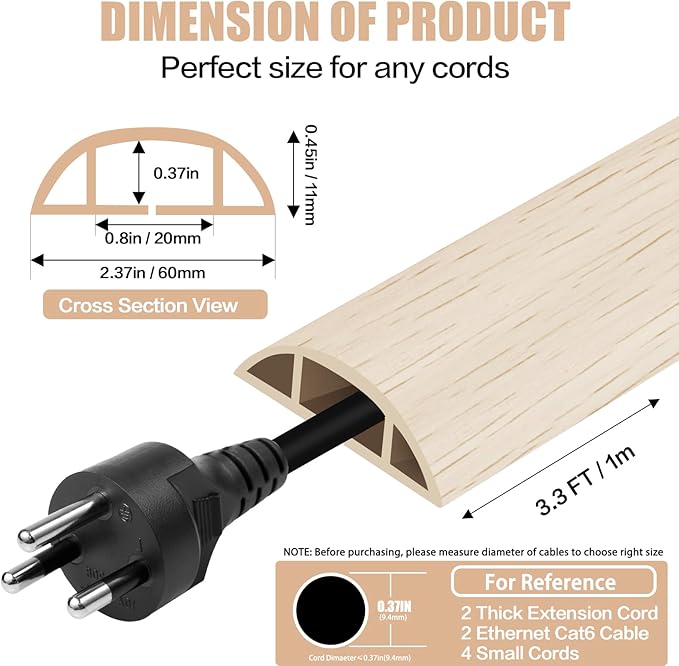 Floor Cord Cover Cavity 0.8"x0.37" Self Adhesive Cord Hider, 3.3FT Low Profile Cable Management, Extension Strip Protector for Wires, Prevent Cable Trips for Offices, Gyms, Exhibitions (Yellow Wood)
