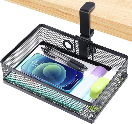ROSLINE Under Desk Storage Organizer, Clamp on Drawer Basket, Hanging Storage, Mount Tray, Suitable for Multiple Scenes (Black)