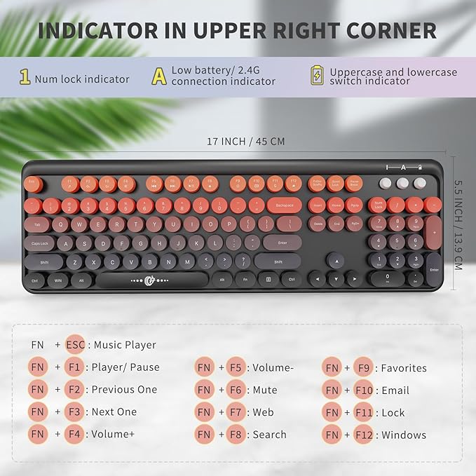 FOPETT Wireless Keyboard and Mouse Combo, 104 Keys Full-Sized 2.4 GHz Round Keycap Colorful Keyboards, USB Receiver Plug and Play, for Windows, Mac, PC, Laptop, Desktop (BlackOrange)