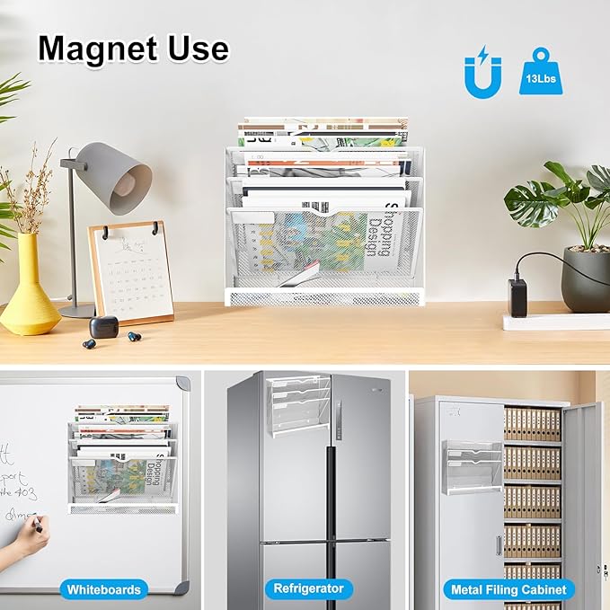 4 Tier Magnetic File Holder, Large Capacity Mesh Hanging Wall Organizer Vertical Magnetic Hanging File Organizer, Magnetic File Folder Holder for File Cabinets, Office, Whiteboard (White)
