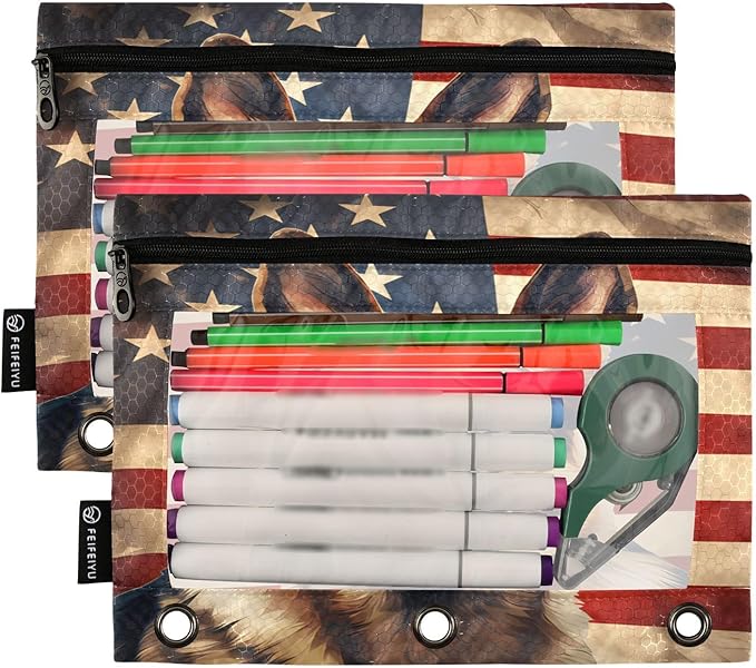Dog German Shepherd American Flag Pencil Pouch for 3 Ring Binder, 2 Pack Waterproof Pencil Bags Clear Window Zipper School Office Supplies