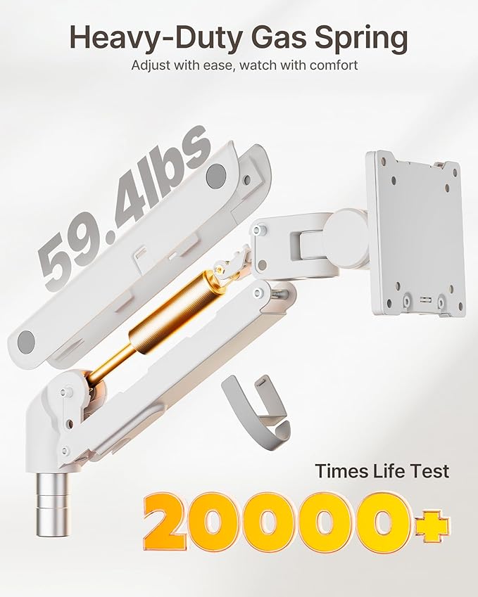 monTEK Dual Monitor Arm for up to 57" and 59.4 lbs Ultrawide Screen, Aluminum Heavy-Duty Gas Spring Vertical Stackable Curved Screen Adjustable Monitor Stand, 75/100mm Vesa Mount, White