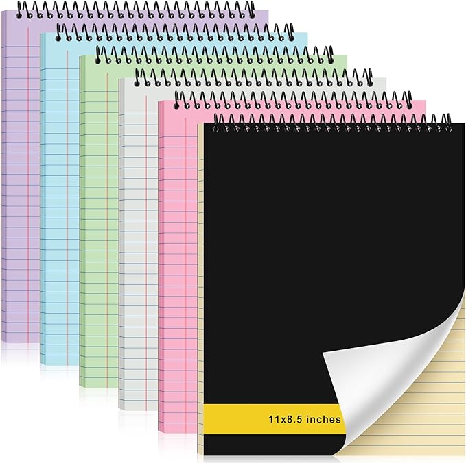 6 Pcs Legal Pad Top Spiral Bound Notebook 70 Sheets Wirebound Notepad Double Sided Ruled Memo Steno Book with Stiff Back Cover for Business(8.5 x 11 Inches,No Holes,6 Colors)