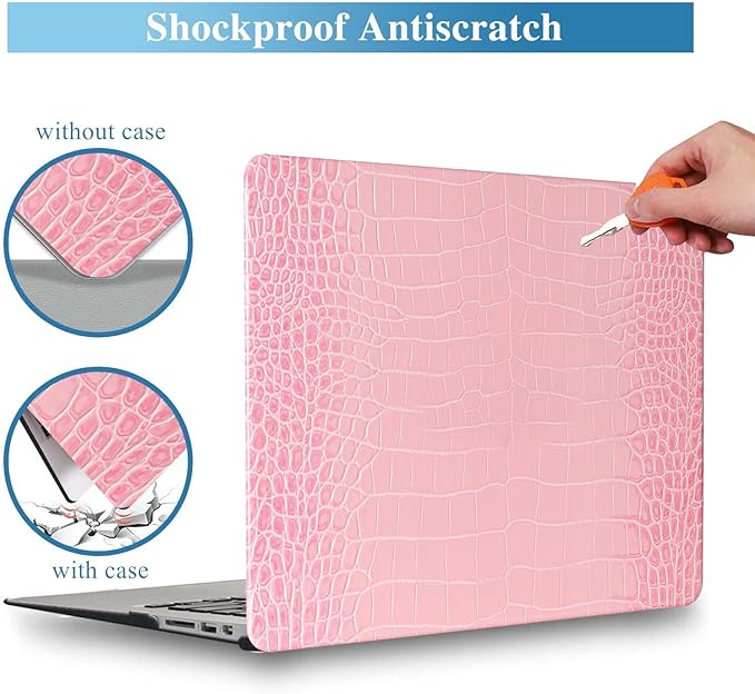 KEROM Compatible with Crocodile MacBook Air 13 Inch Case 2025-2022 M4 M3 M2 A3240 A3113 A2681, Textured Elegant Luxury Aligator Skin Snakeskin PU Leather Hardshell Case & Keyboard Cover, Pink