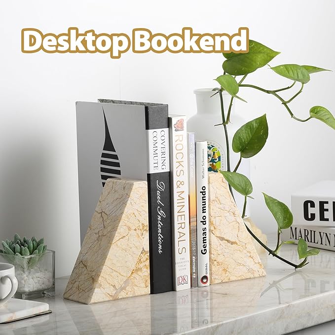 Koville Marble Bookends for Shelves, Large Bookends for Heavy Books, Natural Stone Book Stopper for Books CD Movies, Aesthetic Decorative Book Ends, Bookshelf Table Home Decor(Gold)
