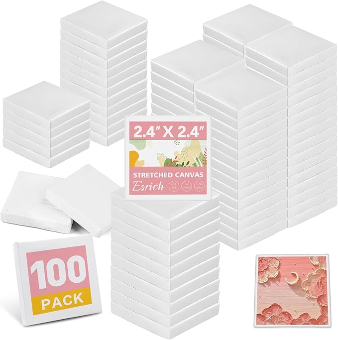 ESRICH Mini Canvases for Painting, Mini Canvas Bulk 100 Pack 2.4x2.4In, 2/5In Profile Small Square Canvases, Blank Canvases are Great for School Projects and Kids Birthday Parties, Home Decor Project.