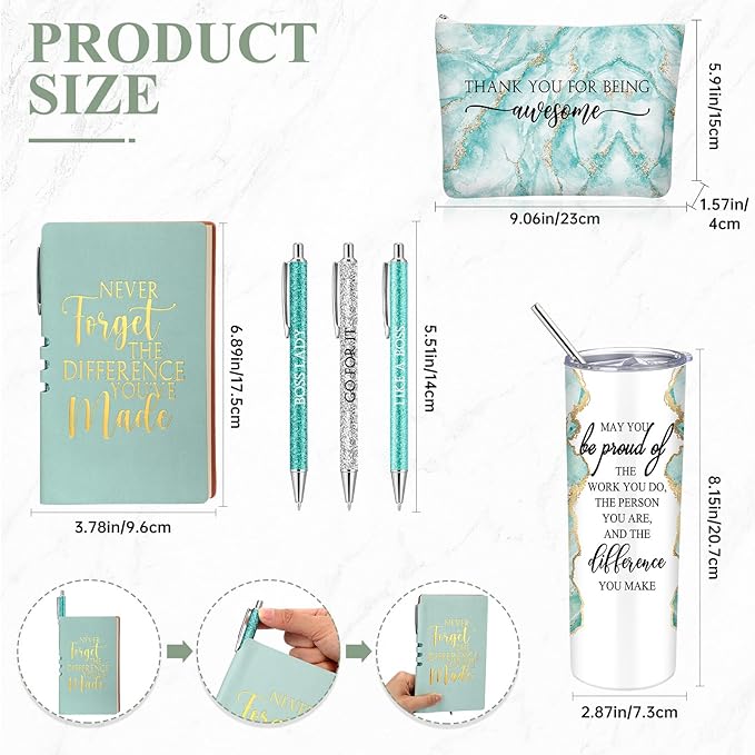 Domensi 6 Pcs Employee Appreciation Gift Set for Women Female Thank You Gift May You Be Proud 20 oz Rustic Marble Sign Tumbler Makeup Bag Journal for Teacher Nurse Lady Work Business(Green)