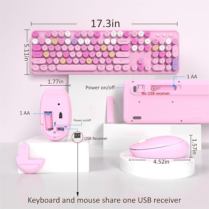 Wireless Keyboard and Mouse, Full-Size Retro Typewriter Keyboard with Round Keycaps, 2.4GHz for Windows, Mac, Laptop, PC, Desktop (Pink Colorful)