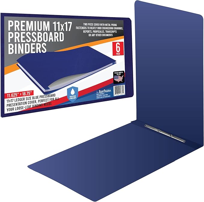 11x17 Report Cover Pressboard Binder Poly Panels Includes Fold-Over Metal Fasteners Blue Package of 6