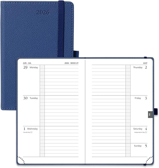 POPRUN Weekly Planner 2026 Calendar (Pocket 4'' x 6.25'') 12 Months Notebook with Horizontal Layout, Leather Hardcover, Inner Pocket, 100GSM Thick Paper, Pen Holder TJ - Navy Blue