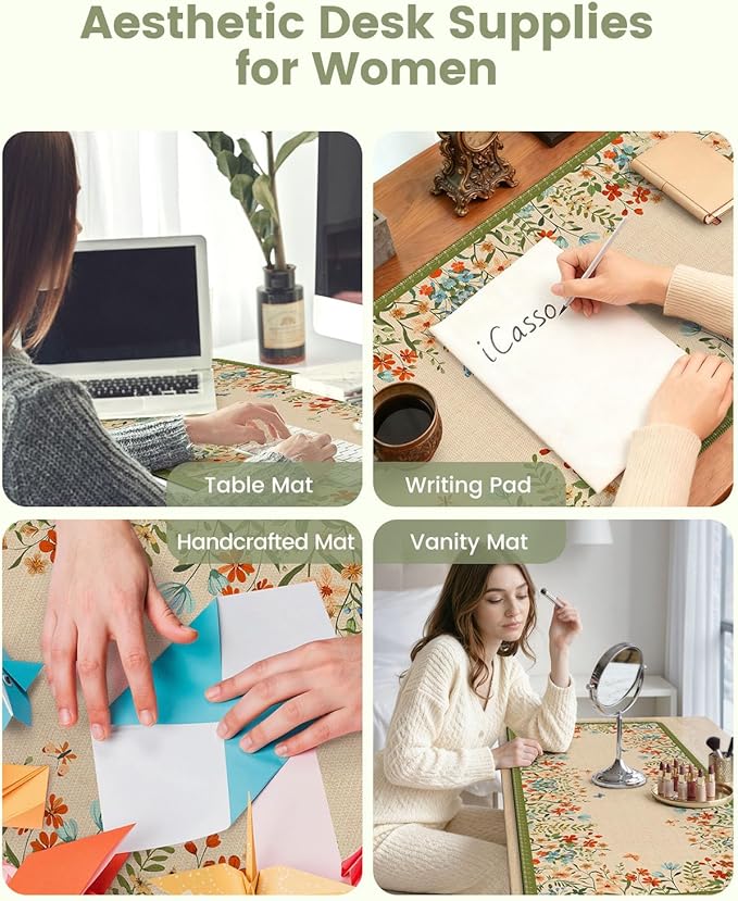 iCasso Desk Cover Mat, Extra Large Floral Mouse Pad,Desk Matt for Desktop Protector, Anti-Slip XXL Big Mousepad with Stitched Edges for Laptop Computer Keyboard(Apricot)