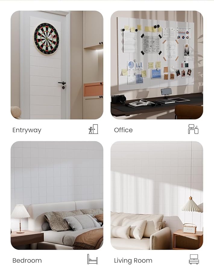 Bumusty Large Cork Board Alternative-47 x35 Felt Bulletin Board Tiles, with 30 Pushpins, 70 Adhesive Tabs, 12-Pack Slat Wall Paneling, Cork Boards for Office Push Pin Board Felt Board-Milky White