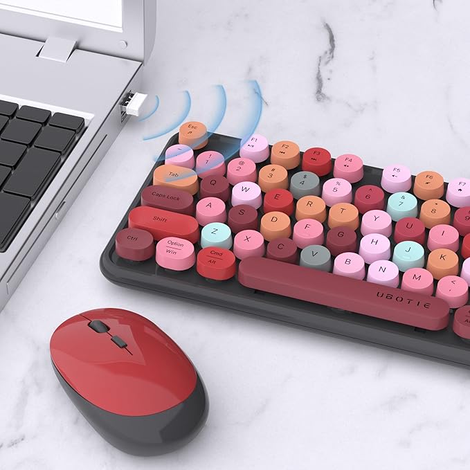 UBOTIE Colorful Computer Wireless Keyboard Mouse Combos, Typewriter Flexible Keys Office Full-Sized Keyboard, 2.4GHz Dropout-Free Connection and Optical Mouse (Black-Colorful)