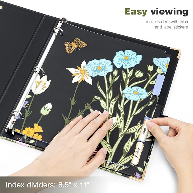 Ospelelf 3 Ring Binder 1/2 Inch, Floral Round Ring Clipboard Thin Binder with 5 Tab Dividers for Letter Size Documents, for School and Office Supplies, Moonlit Blossoms