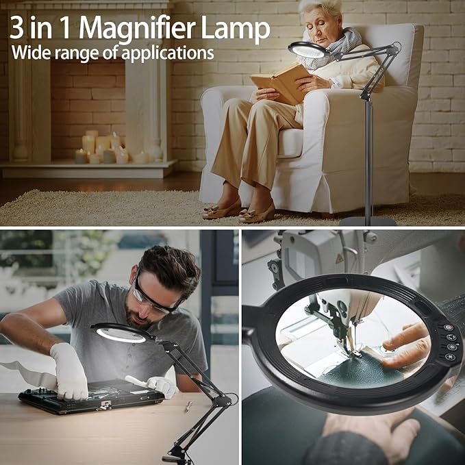 12X Large Magnifying Glass with Light and Floor Stand, 3-in-1 Swing Arm Floor Lamp Magnifier with 5 Color Modes 10 Dimmable Brightness, Hands Free Lighted Magnifying Glass with Clamp for Close Work