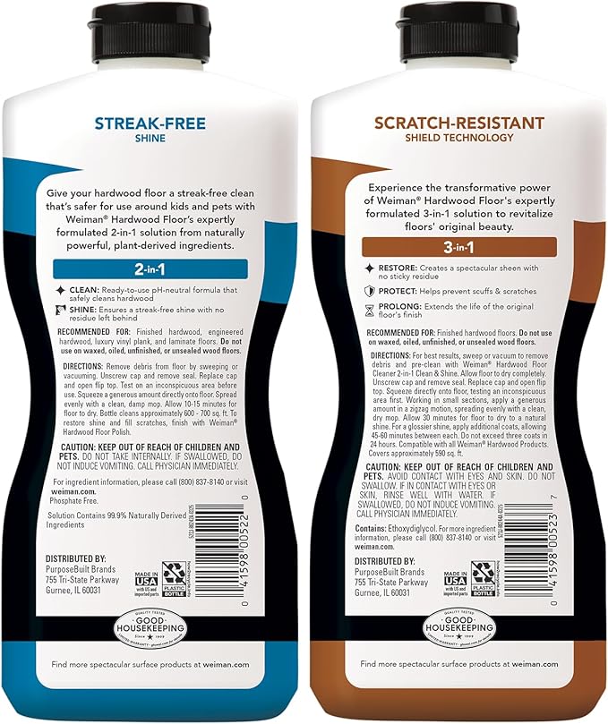 Weiman Hardwood Floor Cleaner and Polish Restorer Combo - 2 Pack - High-Traffic Hardwood Floor, Natural Shine, Removes Scratches, Leaves Protective Layer
