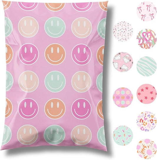 14.5x19 Designer Poly Mailer 100 Pack Heavy Duty Waterproof Self Seal Shipping Bags for Small Business Large Mailing Envelopes Bulk Tear Resistant Cute Packaging Smiley Face