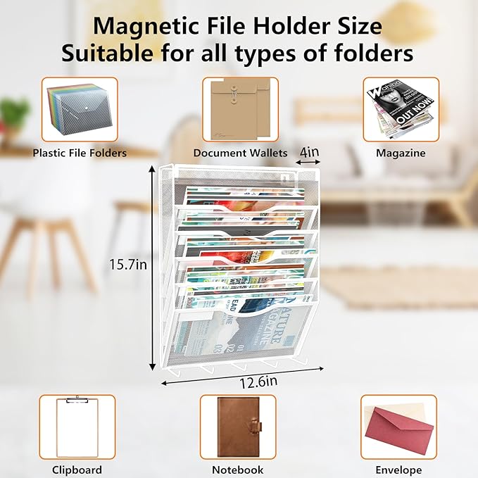 6 Tier Magnetic File Holder with Hook, Magnetic File Organizer Folder Holder, Wall File Organizer, Hanging Magnetic Paper Holder for File Cabinets, Office, Whiteboard, Magnetic Mail Holder