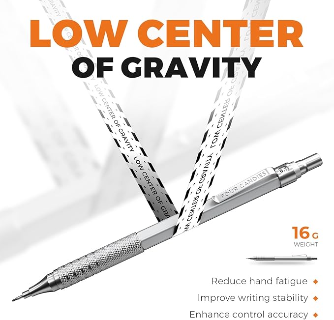 Four Candies Metal Mechanical Pencil Set, 3PCS Art Drafting Pencils 0.5, 0.7, 0.9MM & 2PCS 2MM Mechanical Drawing Pencils with 420PCS Leads (4B 2B HB 2H Color) for Writing Sketching Drawing (Silver)