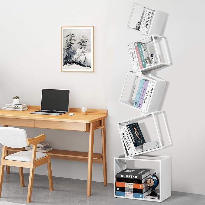 67-Inch 5-Tier Floating Bookshelf – Staggered Geometric Design, Freestanding Metal Storage & Display Rack for Home & Office (White)