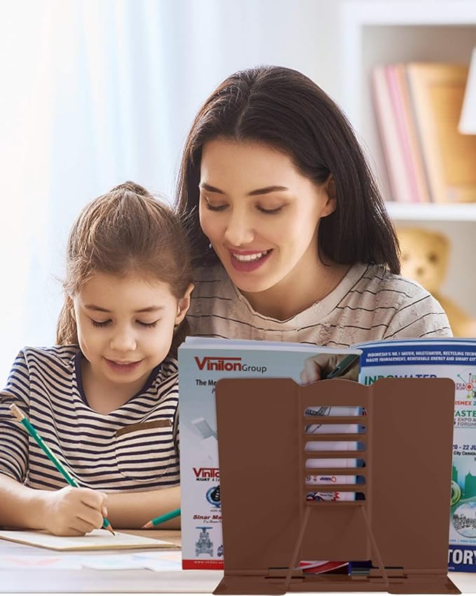 MSDADA Desk Book Stand Metal Reading Rest Book Holder Adjustable Cookbook Documents Holder Portable Sturdy Bookstands for Recipes Textbooks Tablet Music Books with Page Clips (Brown)