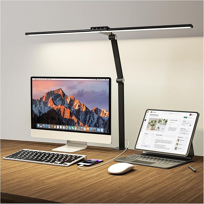 LED Desk Lamp for Home Office, 24W Eye-Caring Reading Light with Clamp, USB Charging Port, 7 Brightness 5 Color Mode, Memory Function, Auto-Off Timer, Swing Arm Architect Table Lamp for Study