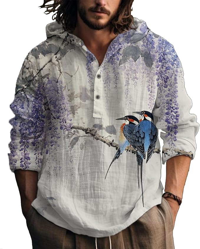 MARSVOVO Hooded Long Sleeve Shirt Men Fashion Graphic Button Up Lightweight Big and Tall Casual Vacation Shirts for Men