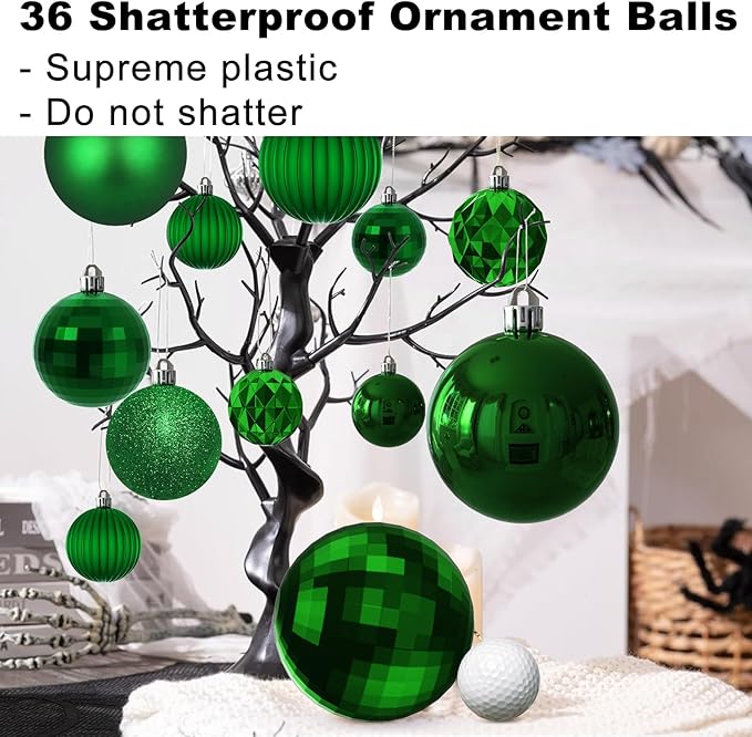 Emerald Green Christmas Ornaments - Christmas Tree Decorations Shatterproof Hanging Balls for Birthday Wedding Holiday Decor Set of 36pcs, Multi-Sizes(1.6",2.5",3.2")