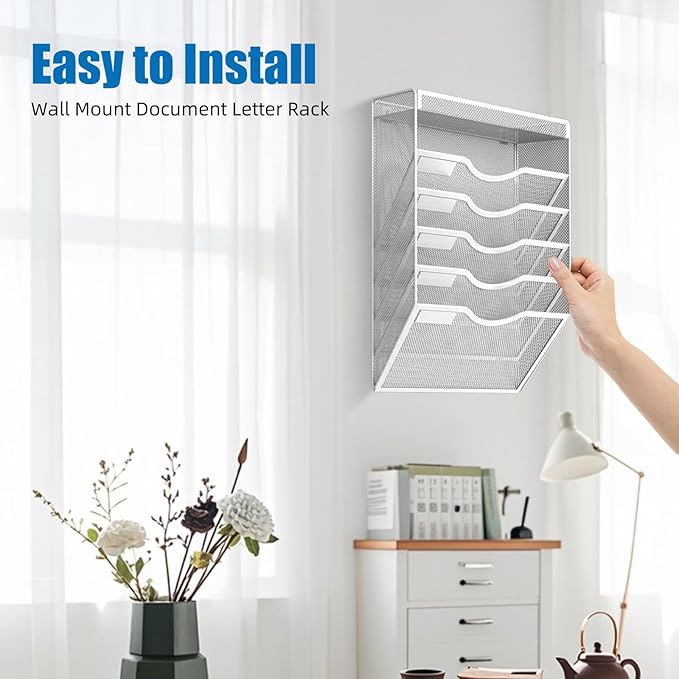 6 Tier Wall File Organizer Hanging Vertical File Organizer, Wall Mounted Mail Paper Document Folder Holder, Mesh Magazine Rack Mail Document Organizer for Office School Home