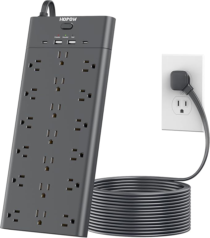Surge Protector Power Strip with 19 Outlets and 4 USB Ports, HOPOW 15 Ft Flat Plug Heavy Duty Extension Cord, 1875W, 2100J Surge Protection, Wall Mount for Home, Office, Gaming Room, Dorm, Black