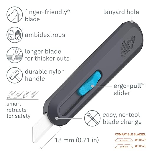 Slice Smart-Retract Utility Knife | Blade Automatically Retracts as Cutting Motion Finishes | Heavy Duty Box Cutter | Safe Ceramic Blade Lasting 11x Longer than Metal | 1 Pack