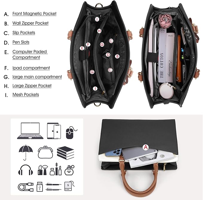 RAINSMORE Laptop Bag for Women 15.6 Inch PU Leather Tote Bag Professional Business Office Work Bag Waterproof Briefcase Computer Tote Bag Large Capacity Lightweight Handbag Shoulder