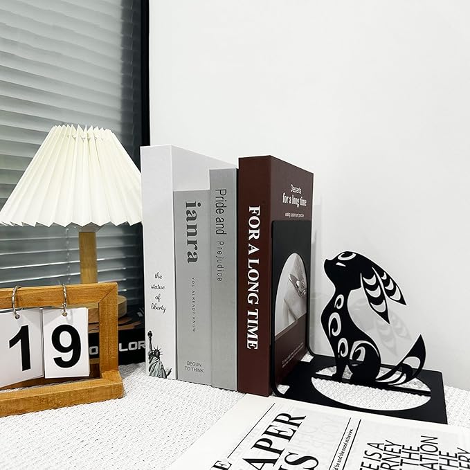 Fox Bookends, Black Foxes Metal Book Ends, Anime Bookends, Cute Book Ends for Shelves, Animal Book Stopper, Book Organizer for Desk, Home Office Book Holder