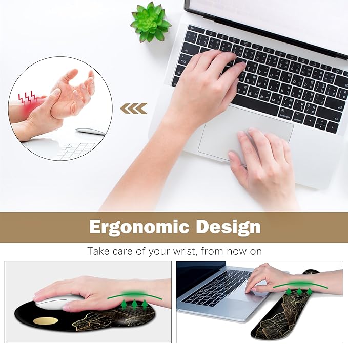 ARTSO Large Mouse Pad Keyboard Wrist Rest Combo, Ergonomic Mouse Pad with Wrist Support, Extended Non-Slip Desk Mat Protector, 4-in-1Set Desk Blotter for Office Home, Golden Sun Mountain