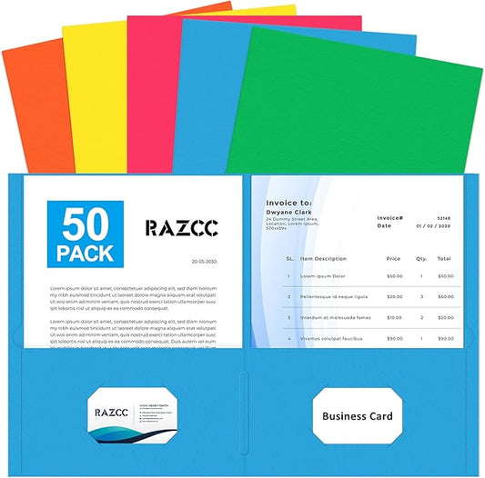 Two Pocket Folders, RAZCC 50 Pack File Folders with Pockets Fit Letter Size Paper, Thick Paper File Folder for School Office Business Home, Assorted 5 Colors
