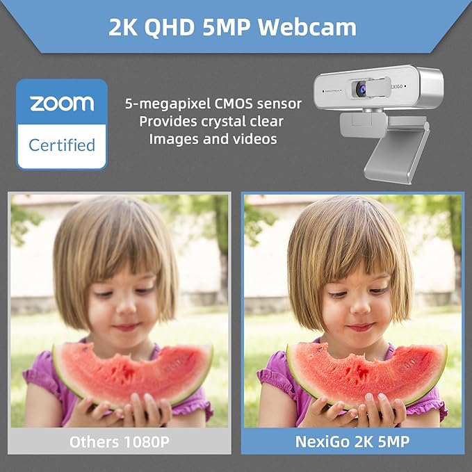 NexiGo N940P 2K Zoomable Webcam with Remote and Software Controls | Sony Starvis Sensor | 1080P@60FPS | 3X Zoom | Dual Stereo Microphone, for Zoom/Skype/Teams/Webex (Silver)